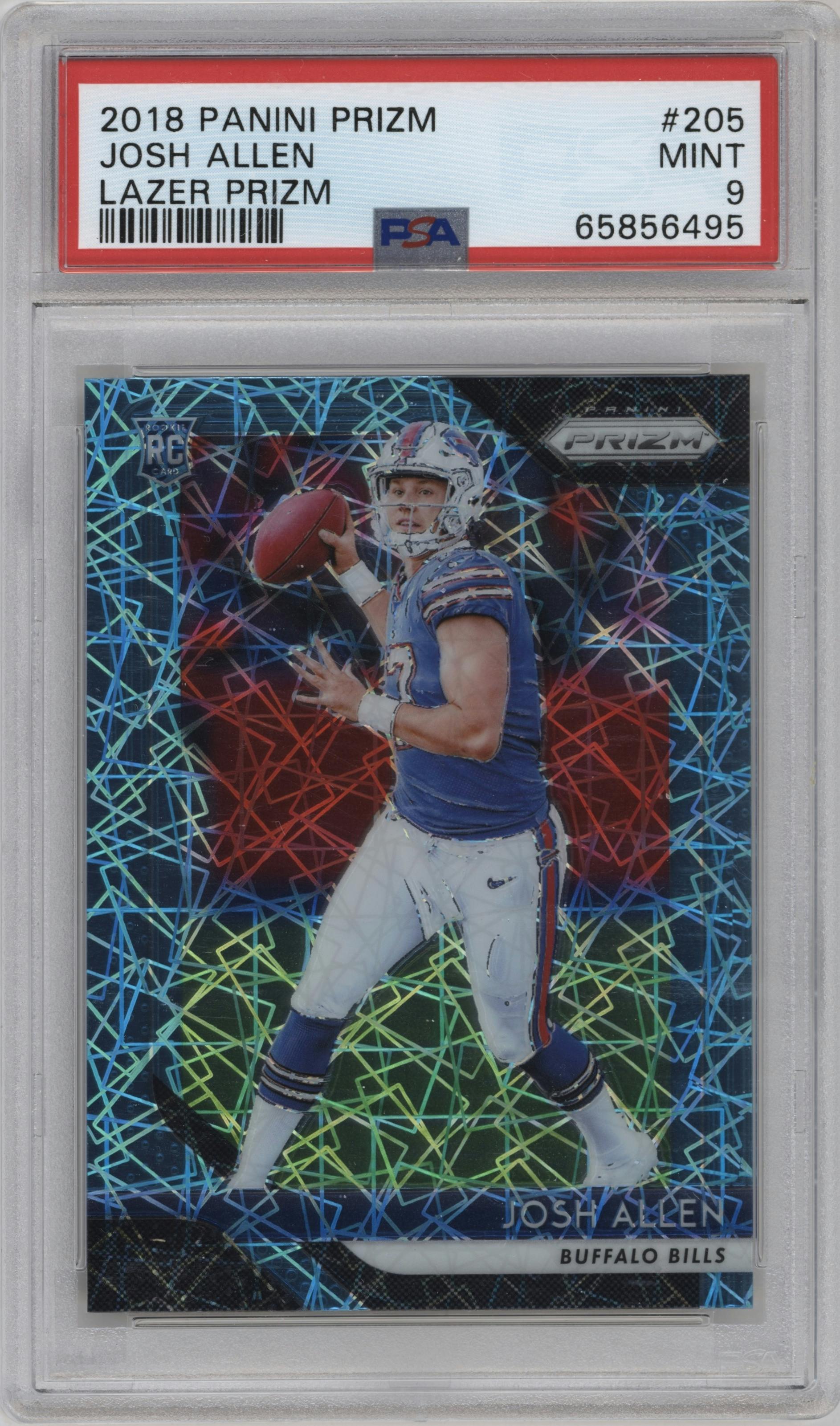 Josh Allen from the 2018 Panini Prizm set featuring a Lazer parallel graded by PSA and given an overall grade of 9.