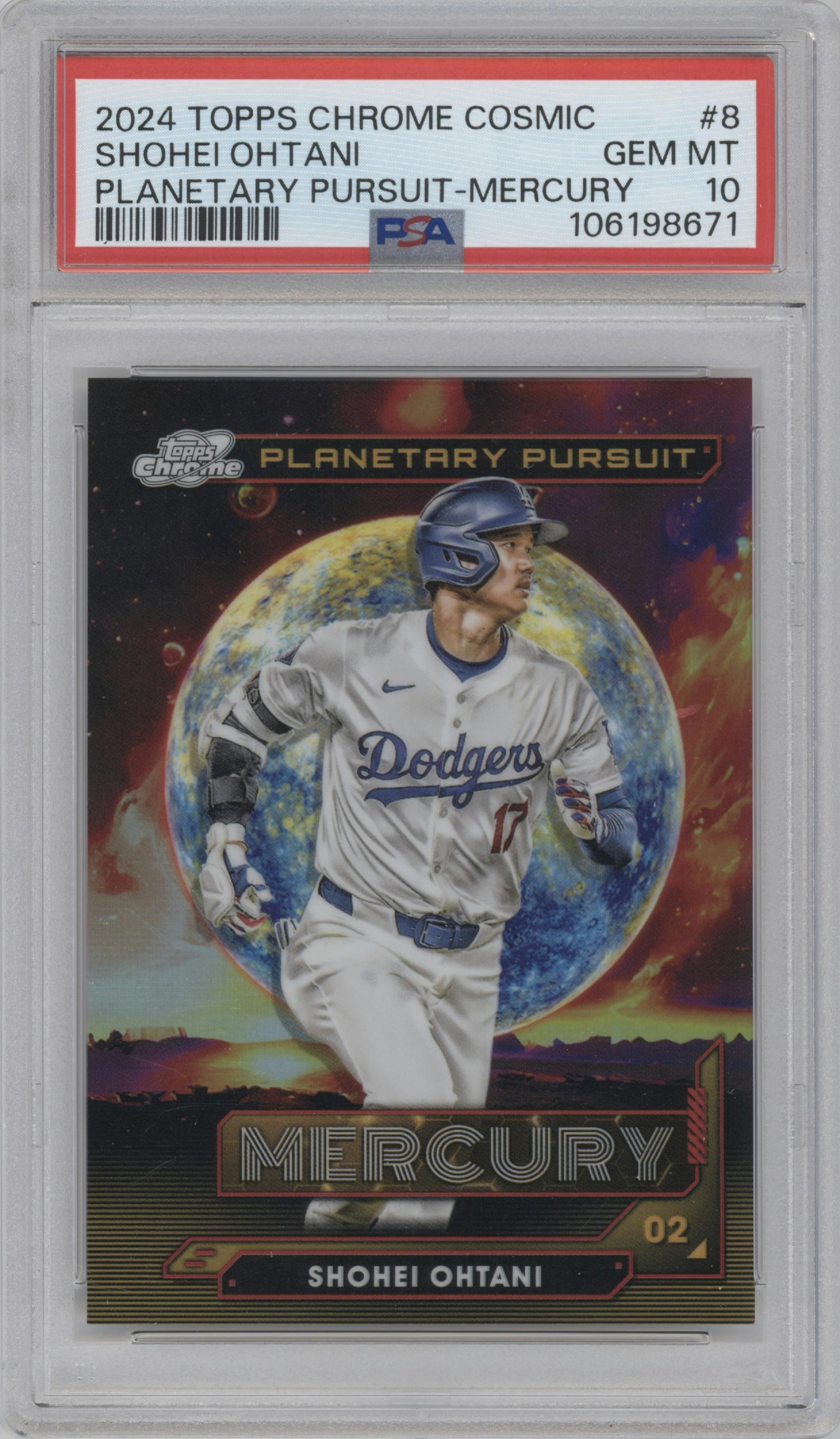 Shohei Ohtani from the 2024 Topps Cosmic Chrome set graded by PSA and given an overall grade of 10.