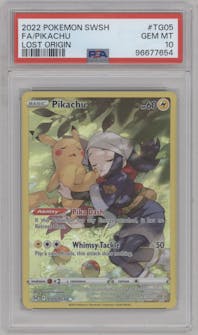 Pikachu from the 2022 Pokemon SWSH set graded by PSA and given an overall grade of 10.