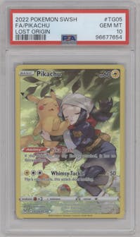 Pikachu from the 2022 Pokemon SWSH set graded by PSA and given an overall grade of 10.