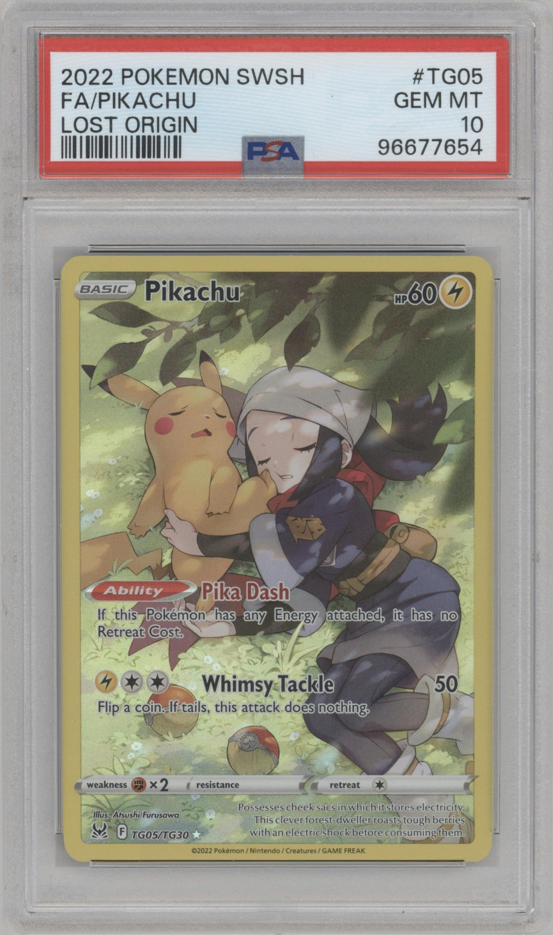 Pikachu from the 2022 Pokemon SWSH set graded by PSA and given an overall grade of 10.
