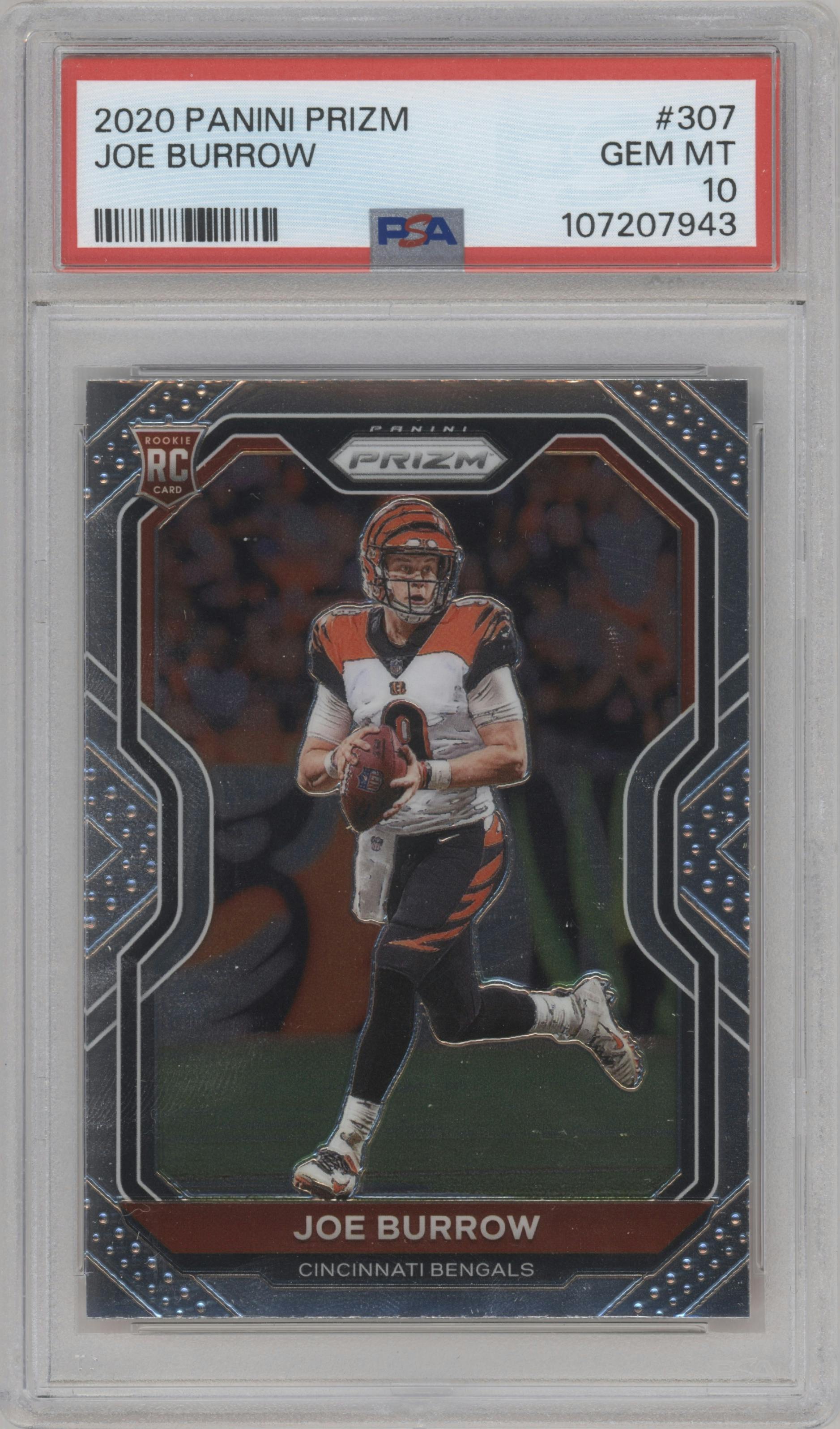 Joe Burrow from the 2020 Panini Prizm set graded by PSA and given an overall grade of 10.