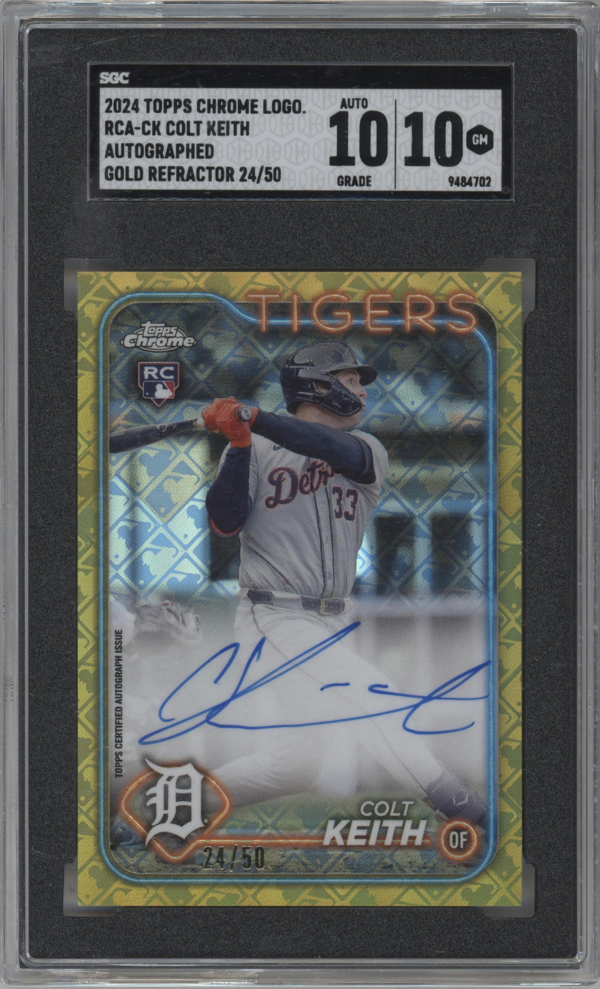 Colt Keith from the 2024 Topps Chrome Logofractor set featuring a Gold Refractor parallel graded by SGC and given an overall grade of 10.