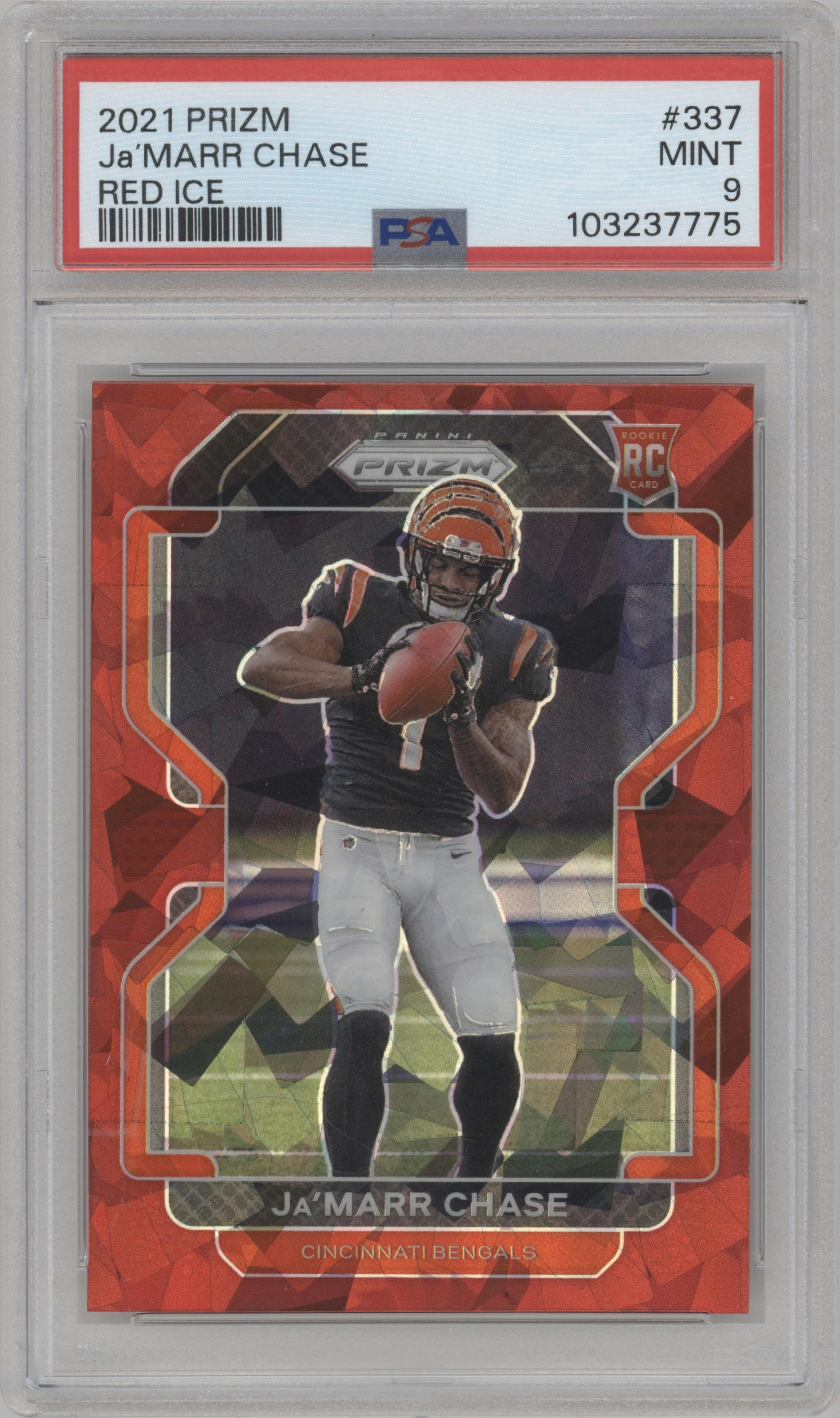 Ja'Marr Chase from the 2021 Panini Prizm set featuring a Red Ice parallel graded by PSA and given an overall grade of 9.
