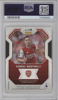 Gabriel Martinelli from the 2021-22 Panini Prizm Premier League set featuring a Choice parallel graded by PSA and given an overall grade of 9.