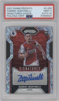Gabriel Martinelli from the 2021-22 Panini Prizm Premier League set featuring a Choice parallel graded by PSA and given an overall grade of 9.