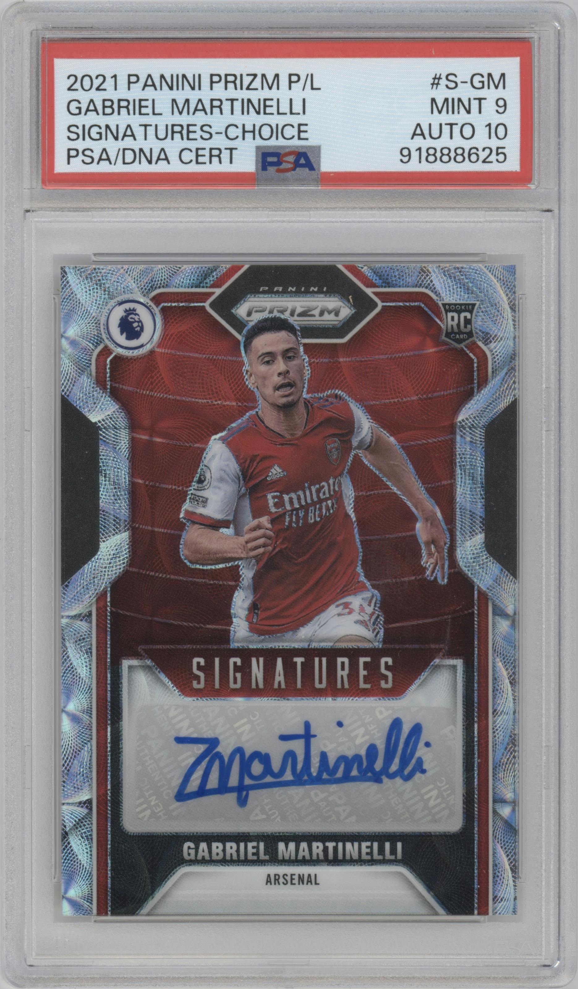 Gabriel Martinelli from the 2021-22 Panini Prizm Premier League set featuring a Choice parallel graded by PSA and given an overall grade of 9.