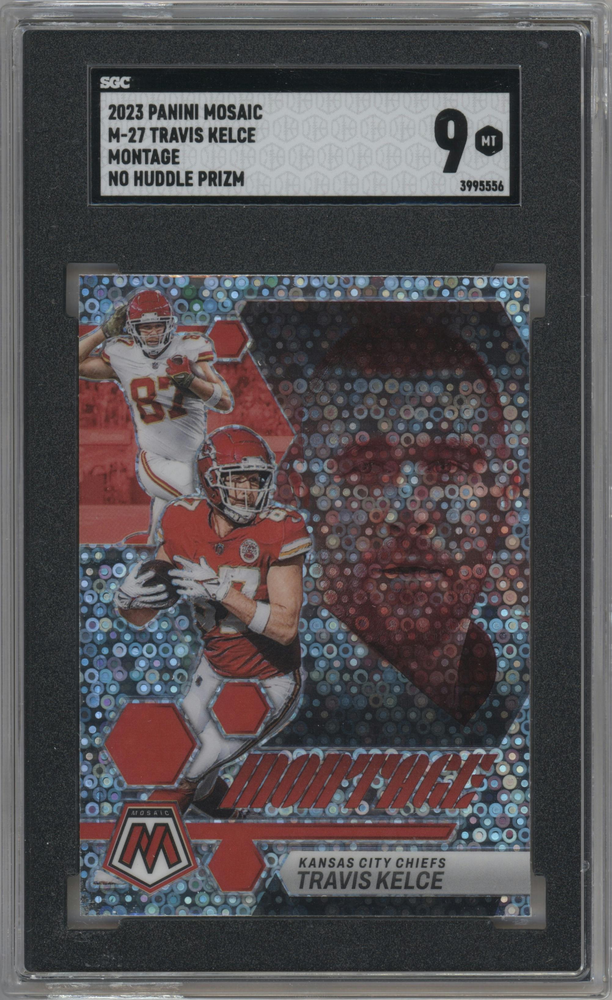 Travis Kelce from the 2023 Panini Mosaic set featuring a No Huddle Silver parallel graded by SGC and given an overall grade of 9.