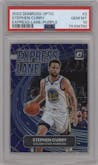 Stephen Curry from the 2022-23 Panini Donruss Optic  set featuring a Purple parallel graded by PSA and given an overall grade of 10.