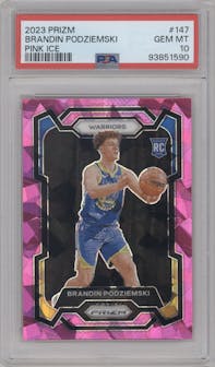 Brandin Podziemski from the 2023-24 Panini Prizm set featuring a Pink Ice parallel graded by PSA and given an overall grade of 10.