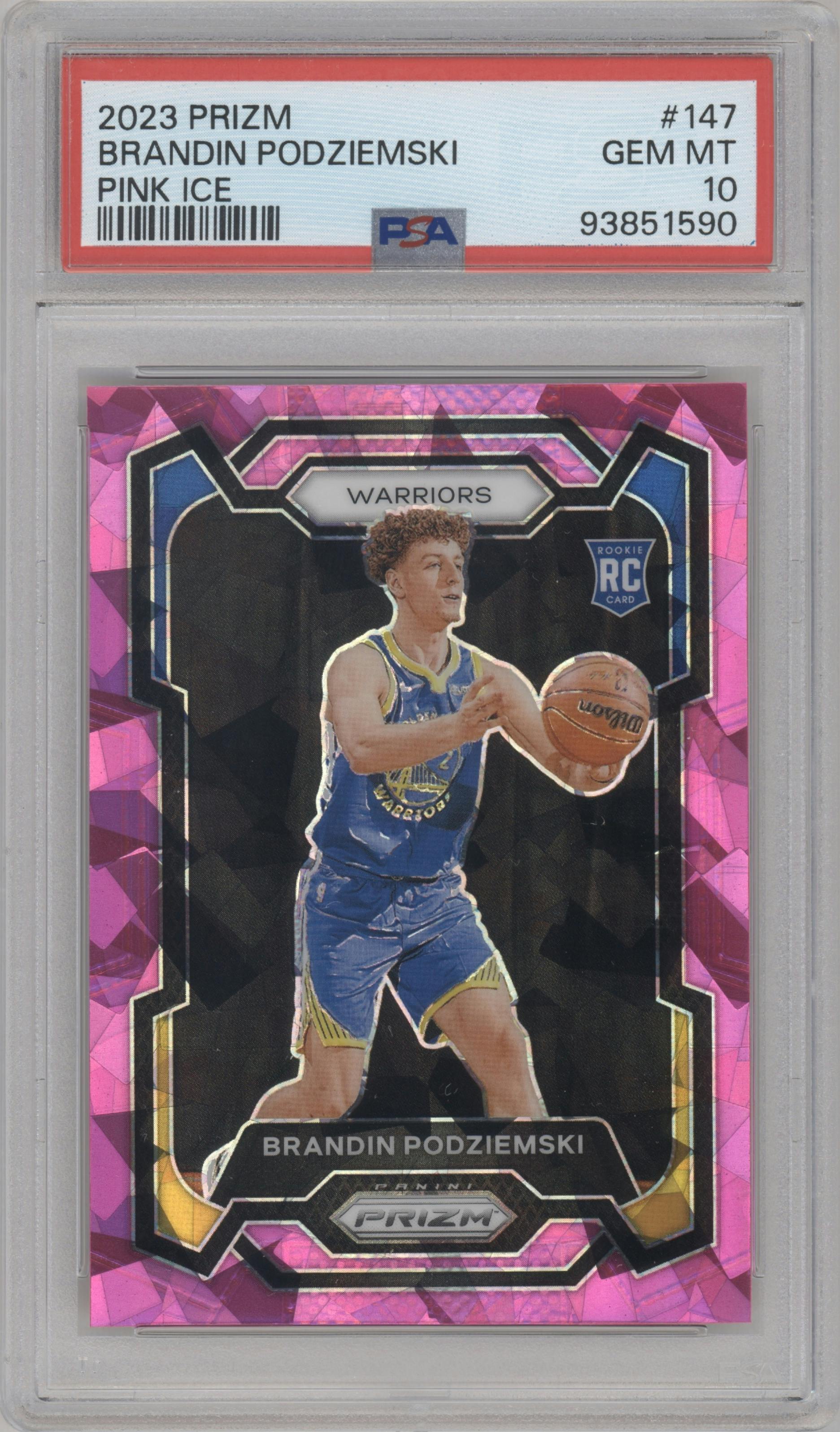 Brandin Podziemski from the 2023-24 Panini Prizm set featuring a Pink Ice parallel graded by PSA and given an overall grade of 10.