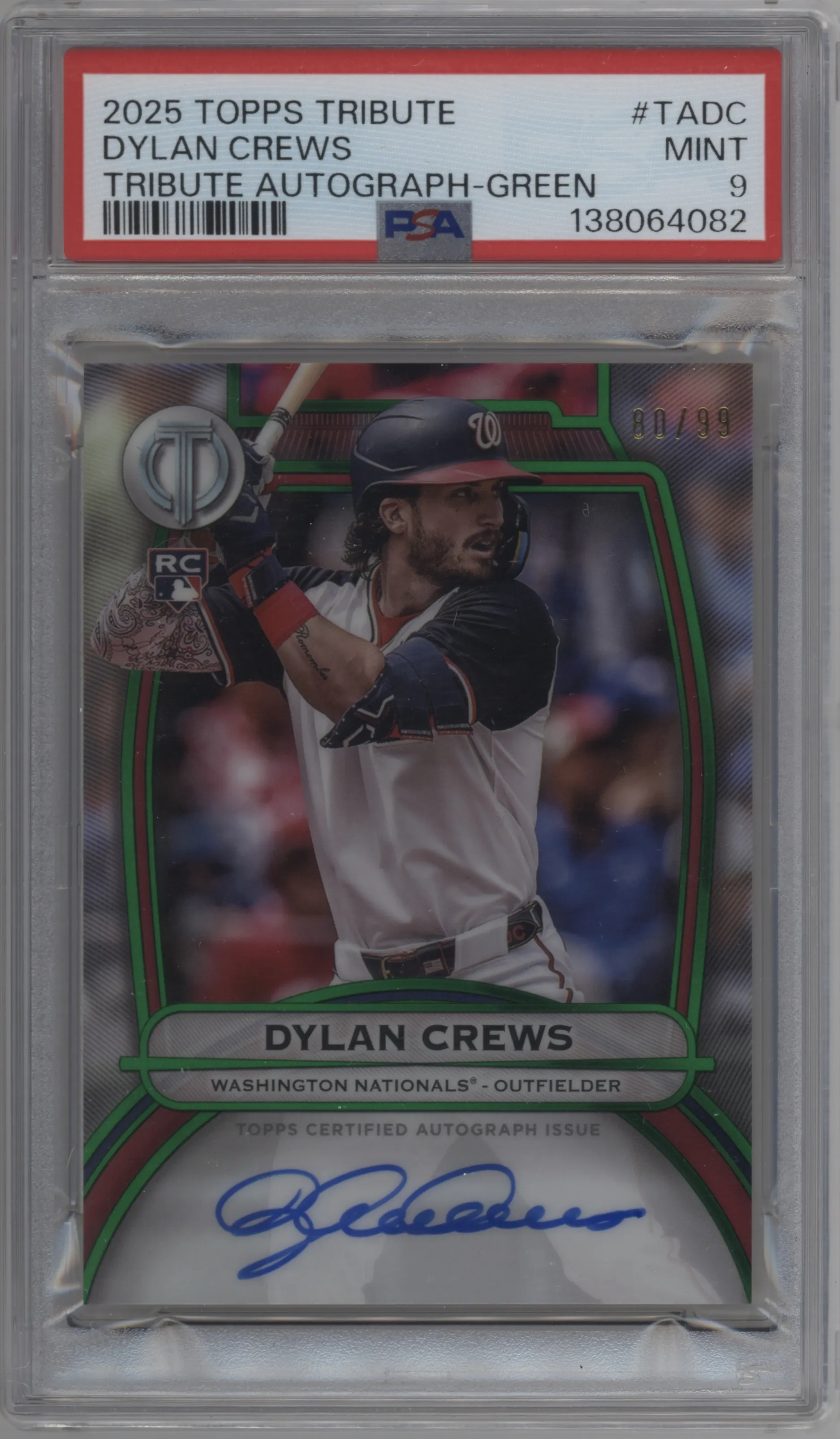 2025 Topps Tribute Auto Dylan Crews Green PSA 9