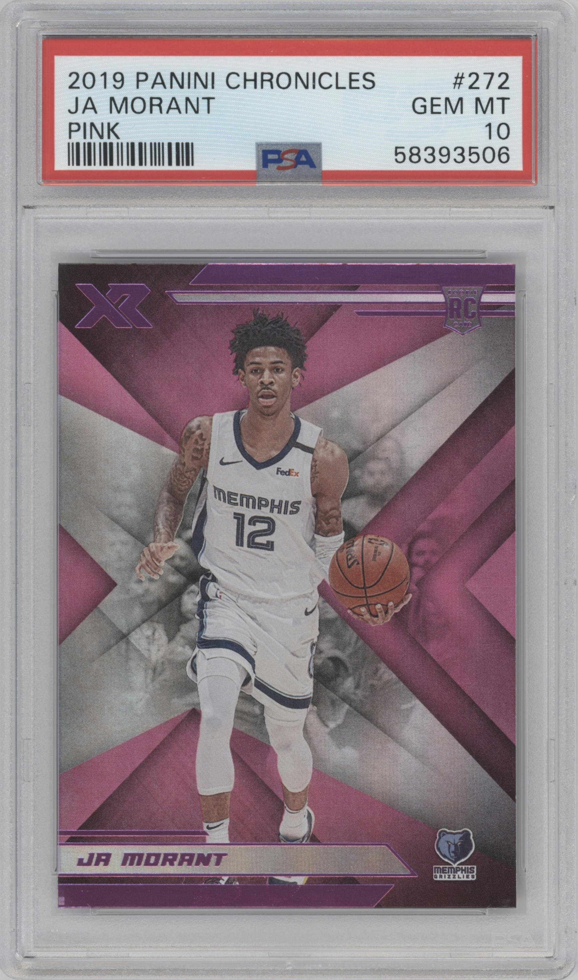 Ja Morant from the 2019-20 Panini Chronicles  set featuring a Pink parallel graded by PSA and given an overall grade of 10.