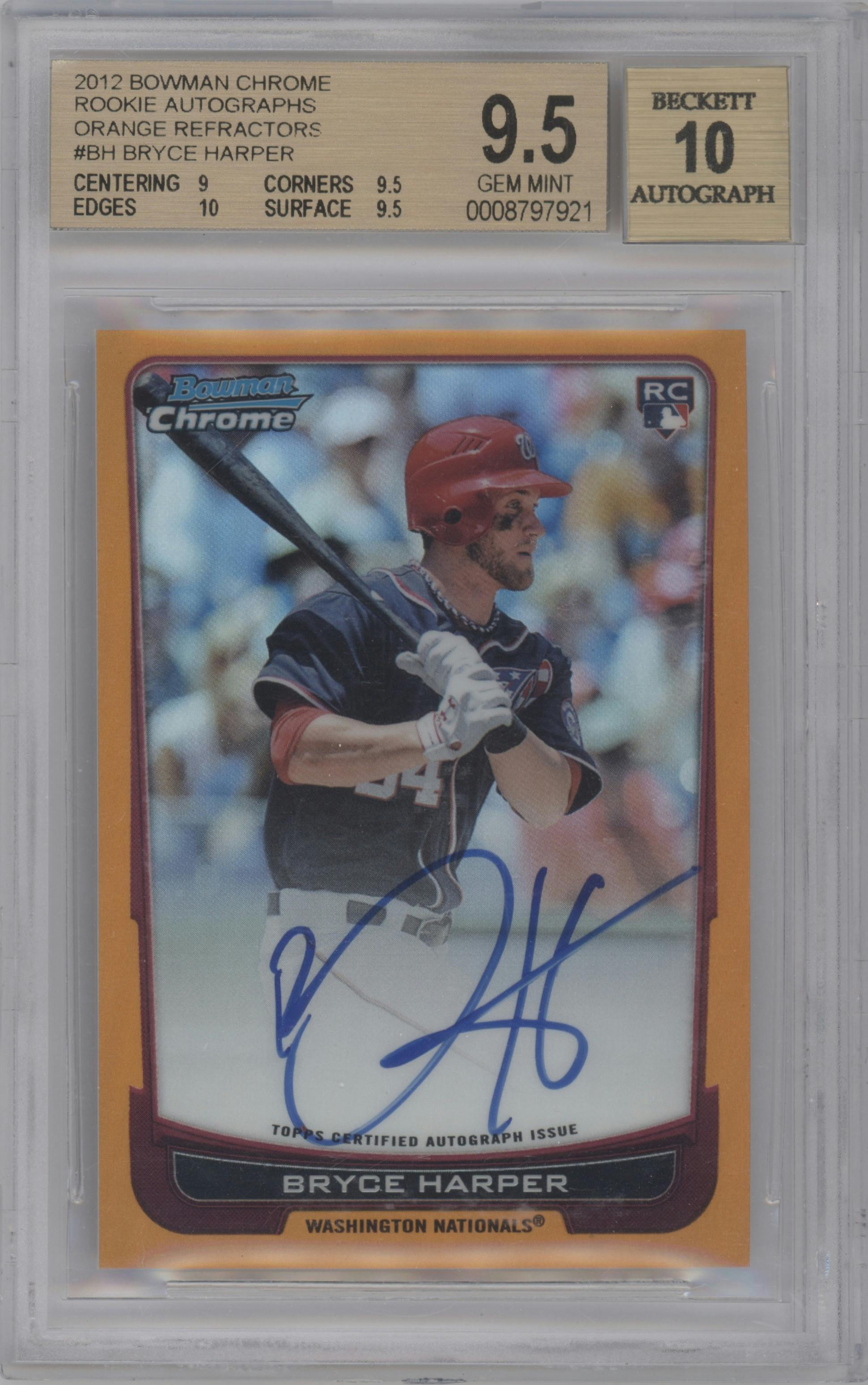 Bryce Harper from the 2012 Bowman Chrome  set featuring a  Orange Refractor parallel graded by Beckett and given an overall grade of 9.5.