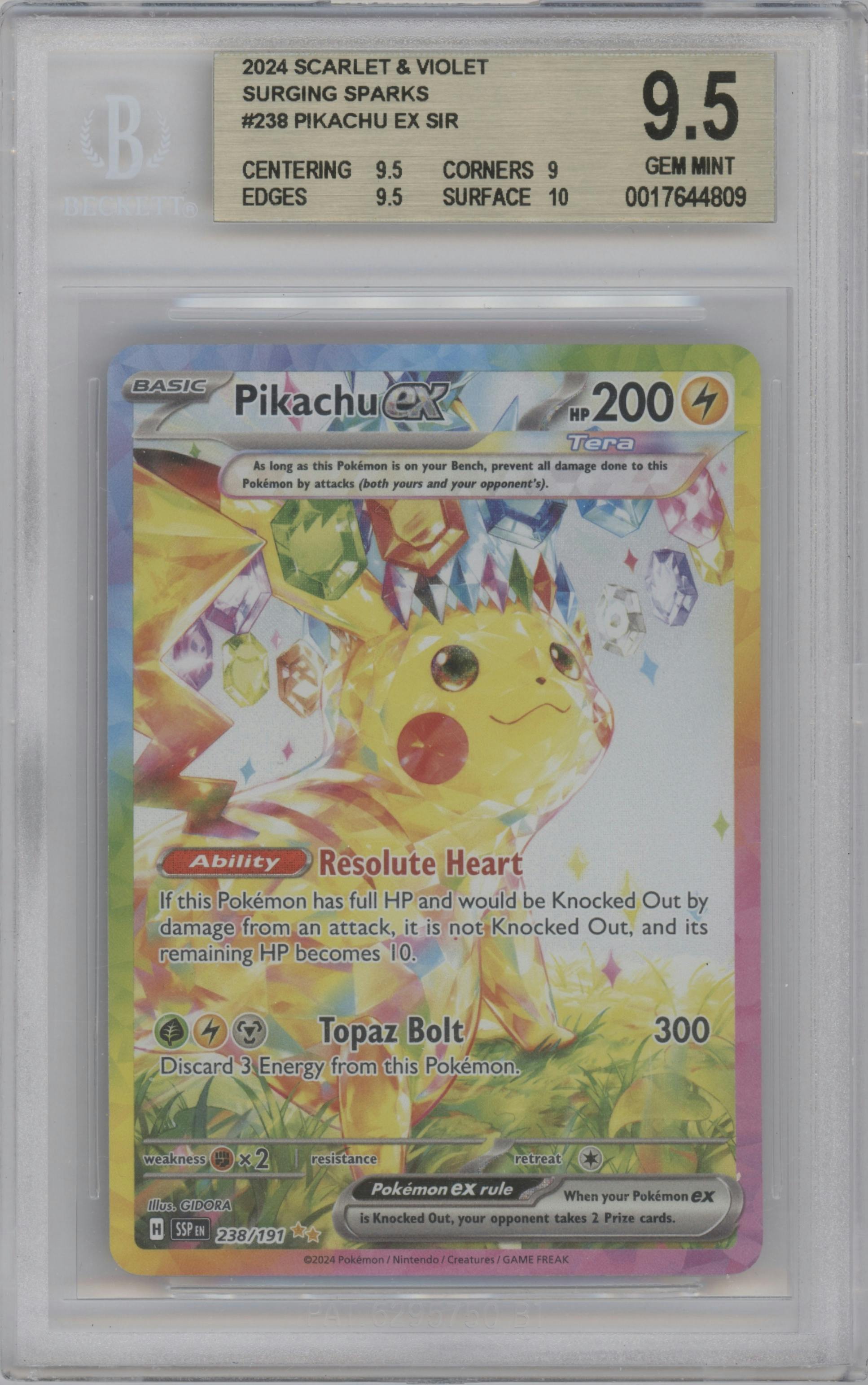 Pikachu ex from the 2024 Pokemon SV set graded by Beckett and given an overall grade of 9.5.