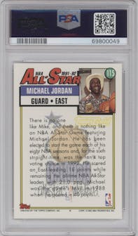Michael Jordan from the 1992-93 Topps set featuring a Gold parallel graded by PSA and given an overall grade of 8.