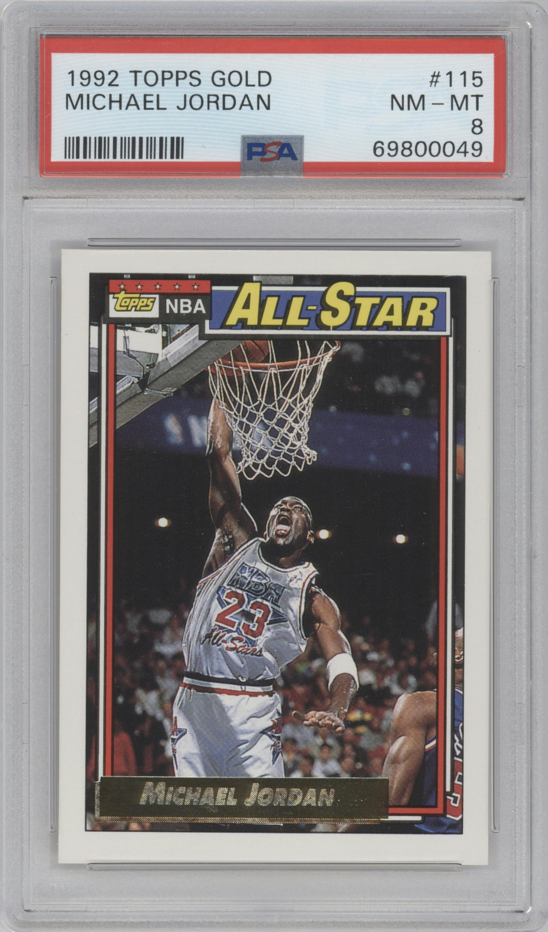 Michael Jordan from the 1992-93 Topps set featuring a Gold parallel graded by PSA and given an overall grade of 8.