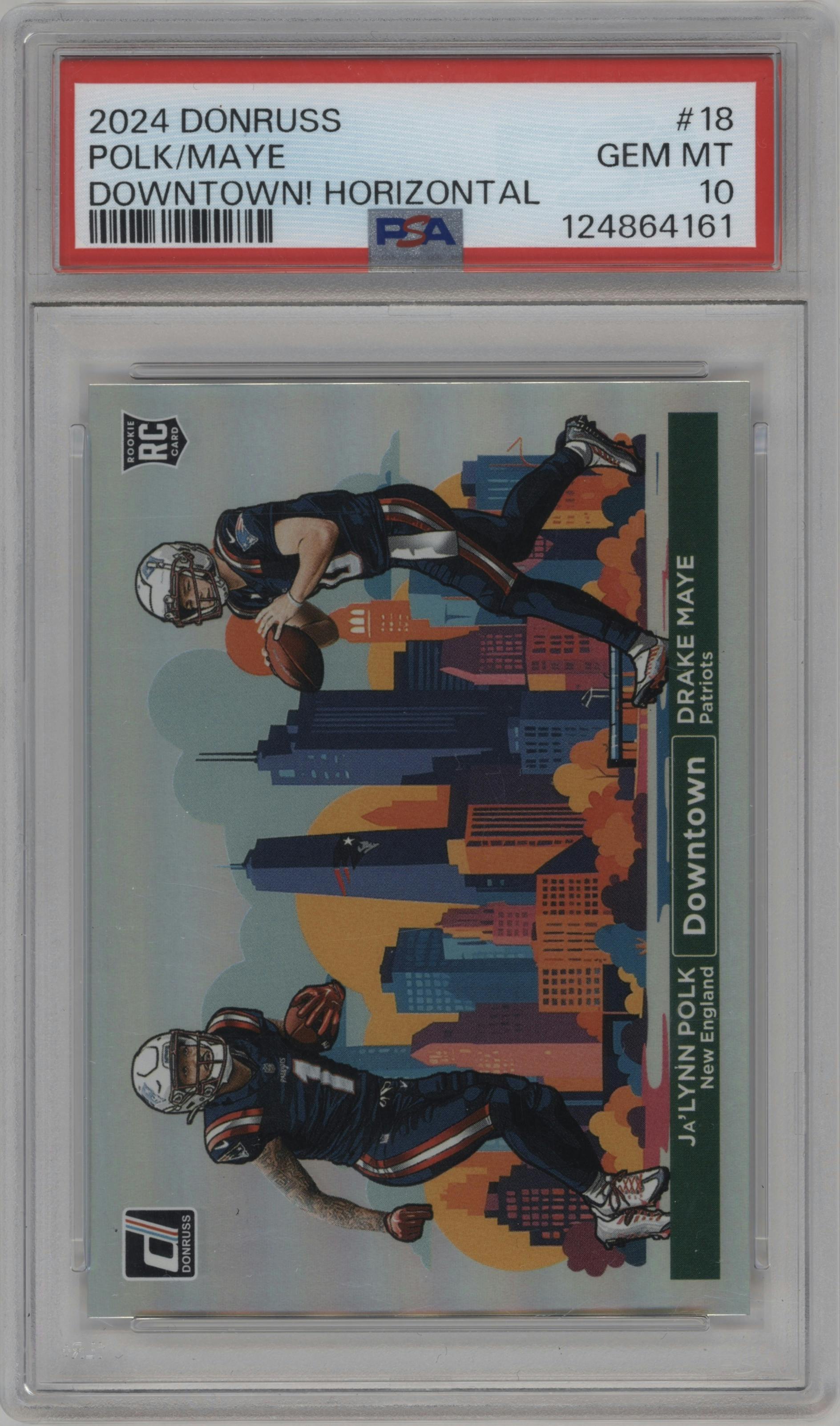 Drake Maye/Ja'Lynn Polk from the 2024 Donruss set graded by PSA and given an overall grade of 10.