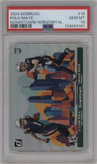Drake Maye/Ja'Lynn Polk from the 2024 Donruss set graded by PSA and given an overall grade of 10.