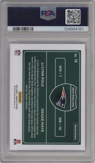 Drake Maye/Ja'Lynn Polk from the 2024 Donruss set graded by PSA and given an overall grade of 10.