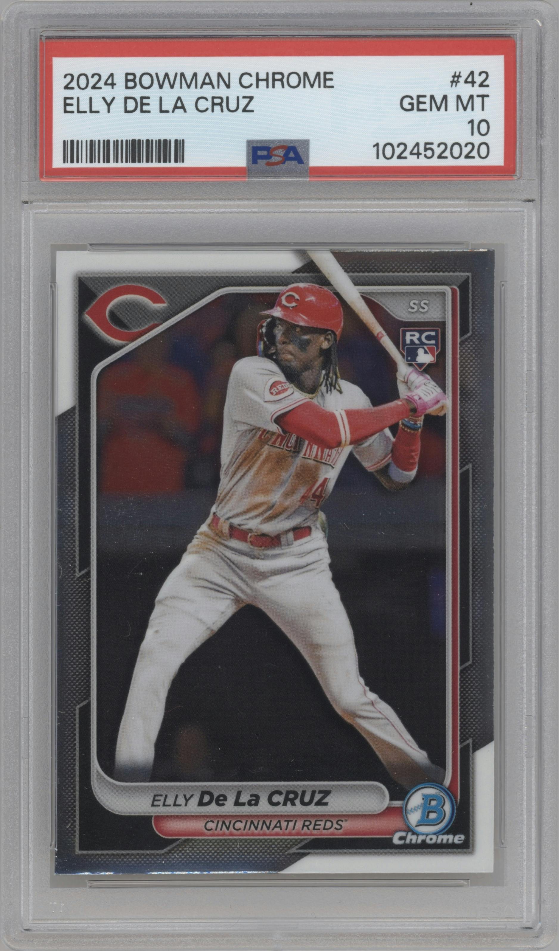 Elly De La Cruz from the 2024 Bowman Chrome set graded by PSA and given an overall grade of 10.