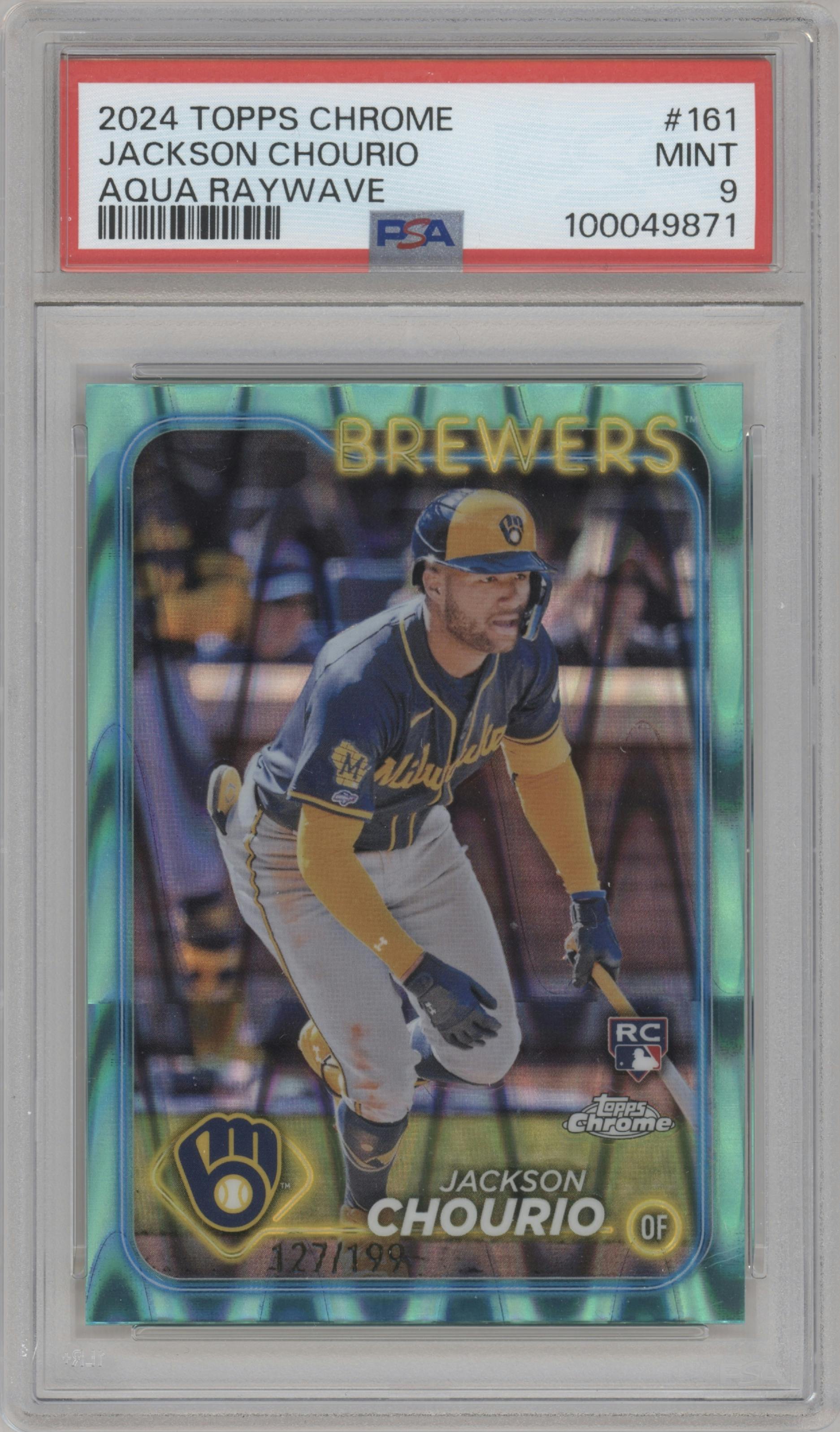 Jackson Chourio from the 2024 Topps Chrome set featuring a Aqua Raywave Refractor parallel graded by PSA and given an overall grade of 9.
