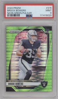 Brock Bowers from the 2024 Panini Prizm set featuring a Neon Green Pulsar  parallel graded by PSA and given an overall grade of 9.