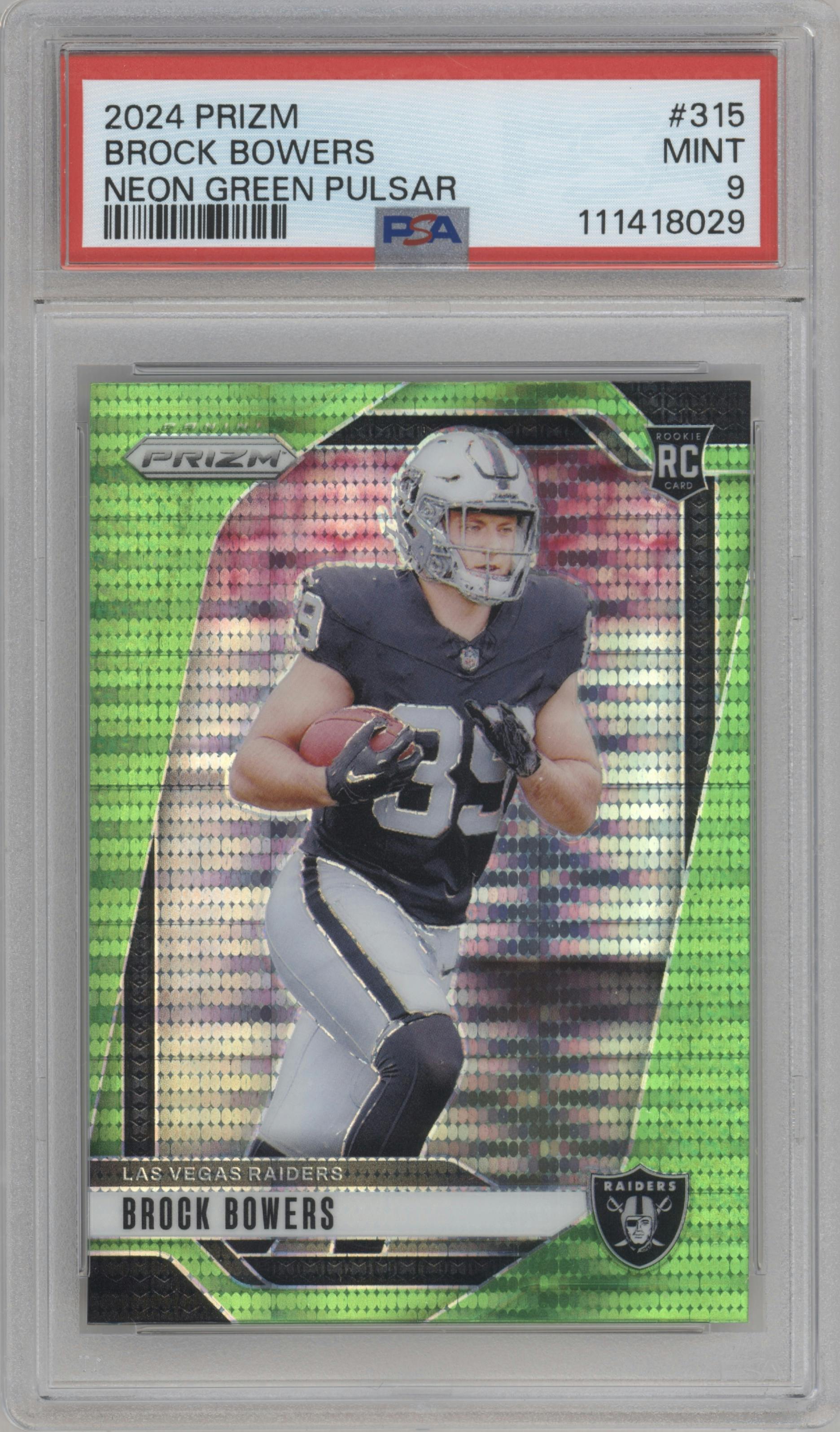 Brock Bowers from the 2024 Panini Prizm set featuring a Neon Green Pulsar  parallel graded by PSA and given an overall grade of 9.