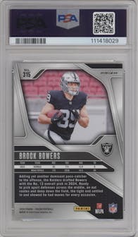 Brock Bowers from the 2024 Panini Prizm set featuring a Neon Green Pulsar  parallel graded by PSA and given an overall grade of 9.