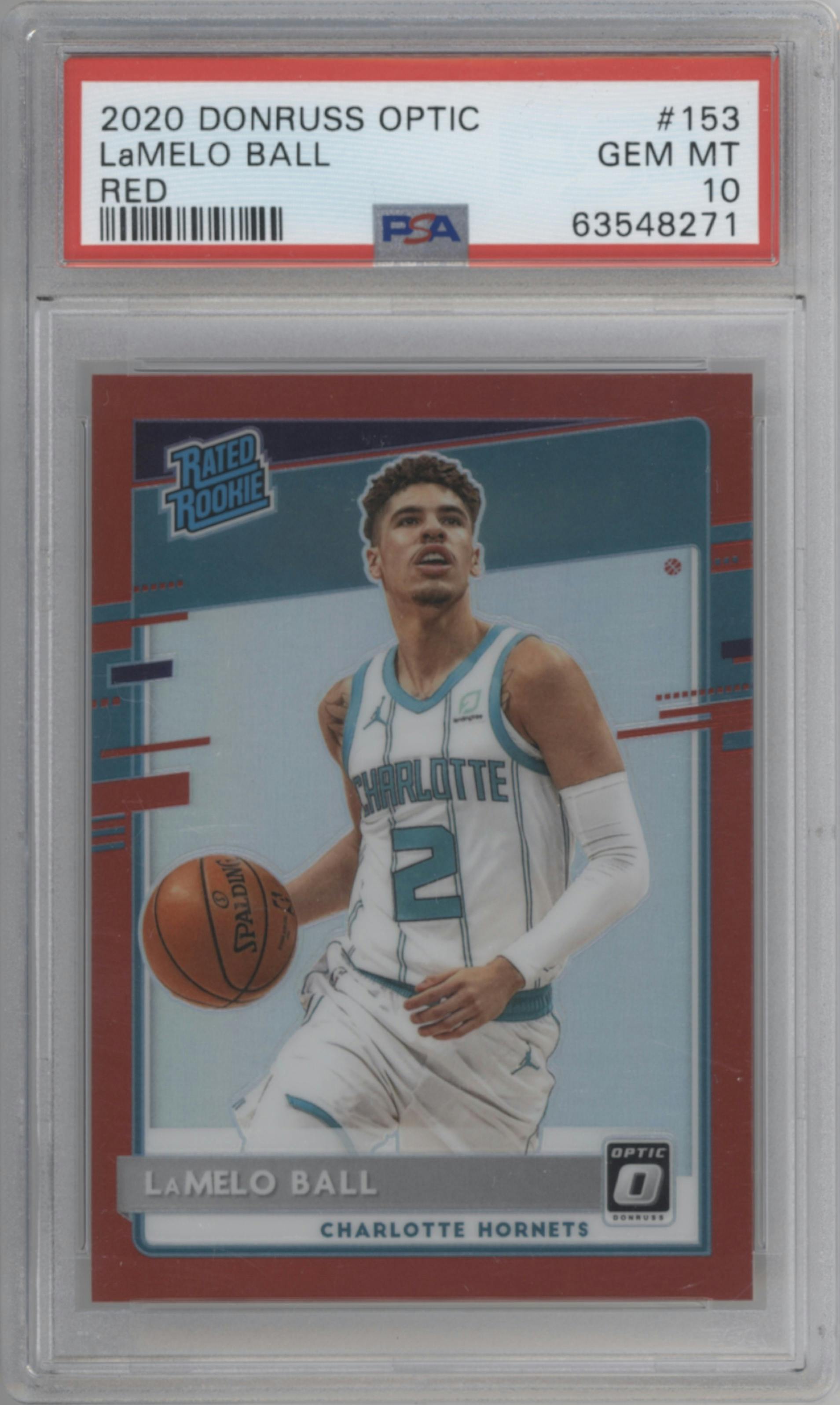 LaMelo Ball from the 2020-21 Panini Donruss Optic set featuring a Red parallel graded by PSA and given an overall grade of 10.