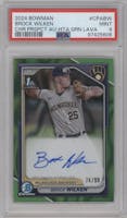 Brock Wilken from the 2024 Bowman set featuring a HTA Green Lava Refractor parallel graded by PSA and given an overall grade of 9.