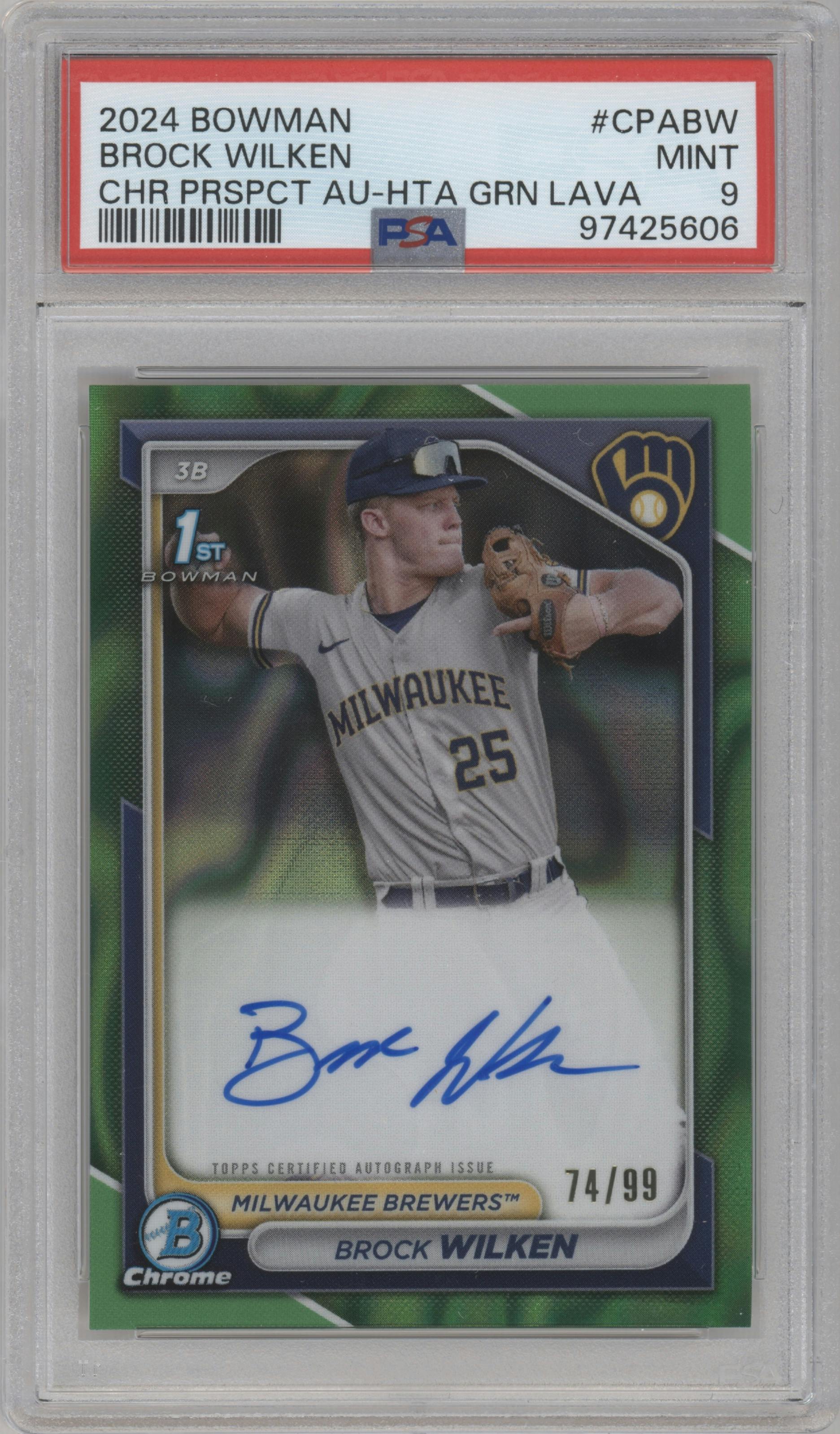 Brock Wilken from the 2024 Bowman set featuring a HTA Green Lava Refractor parallel graded by PSA and given an overall grade of 9.