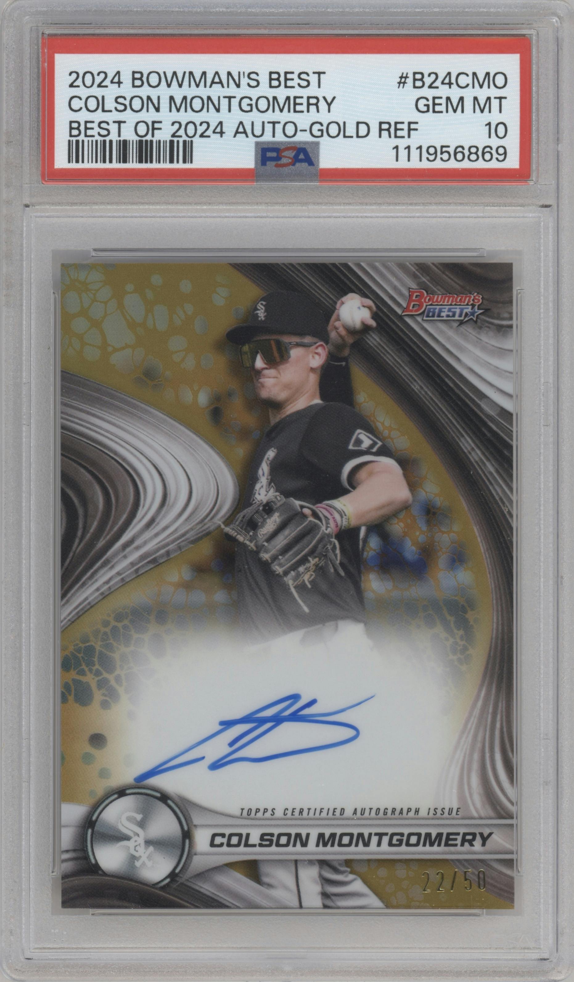 Colson Montgomery from the 2024 Bowman's Best set featuring a Gold Refractor parallel graded by PSA and given an overall grade of 10.