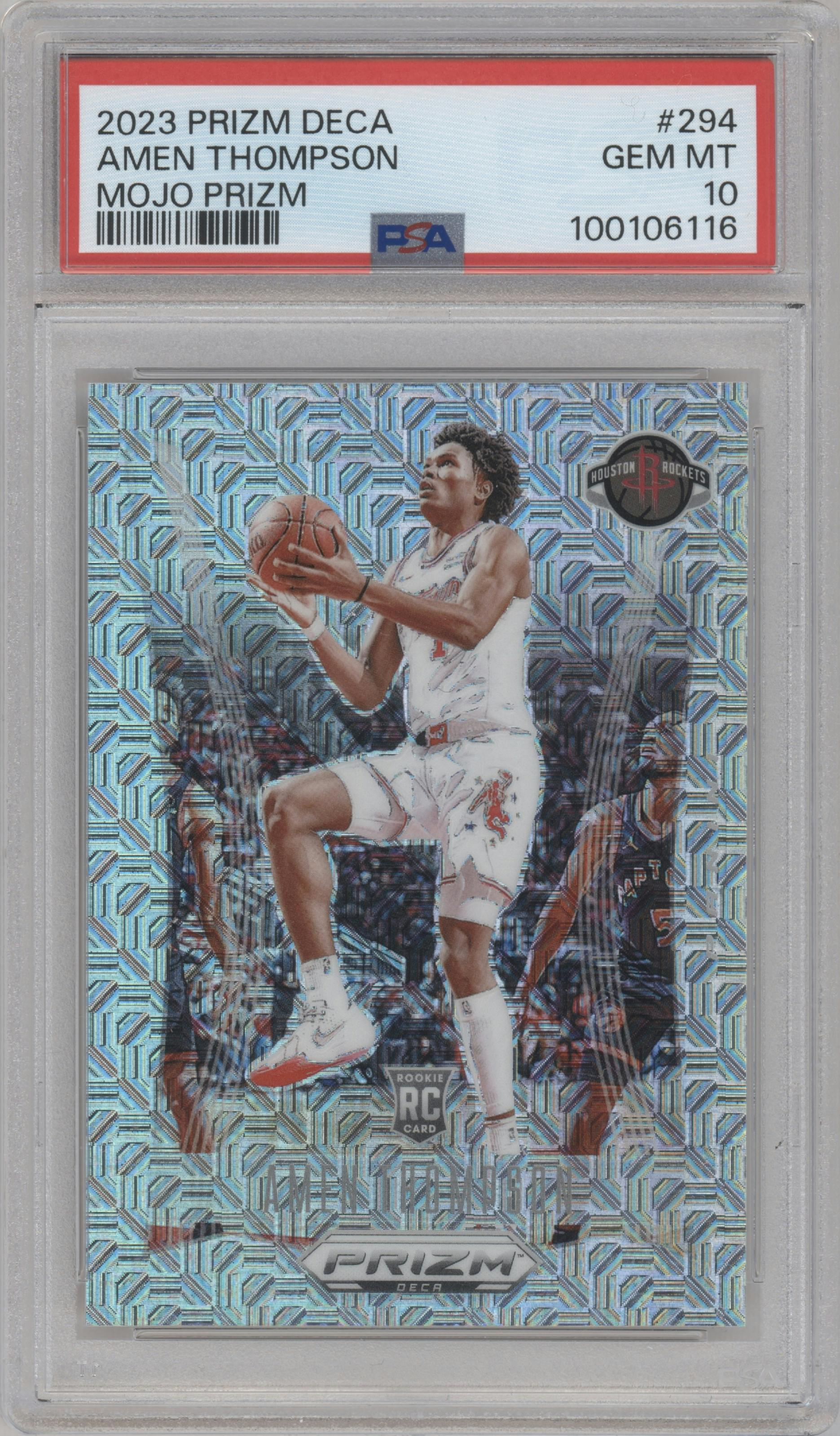 Amen Thompson from the 2023-24 Panini Prizm Deca set featuring a Mojo parallel graded by PSA and given an overall grade of 10.