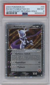 Rocket's Mewtwo ex from the 2004 Pokemon EX set graded by PSA and given an overall grade of 8.