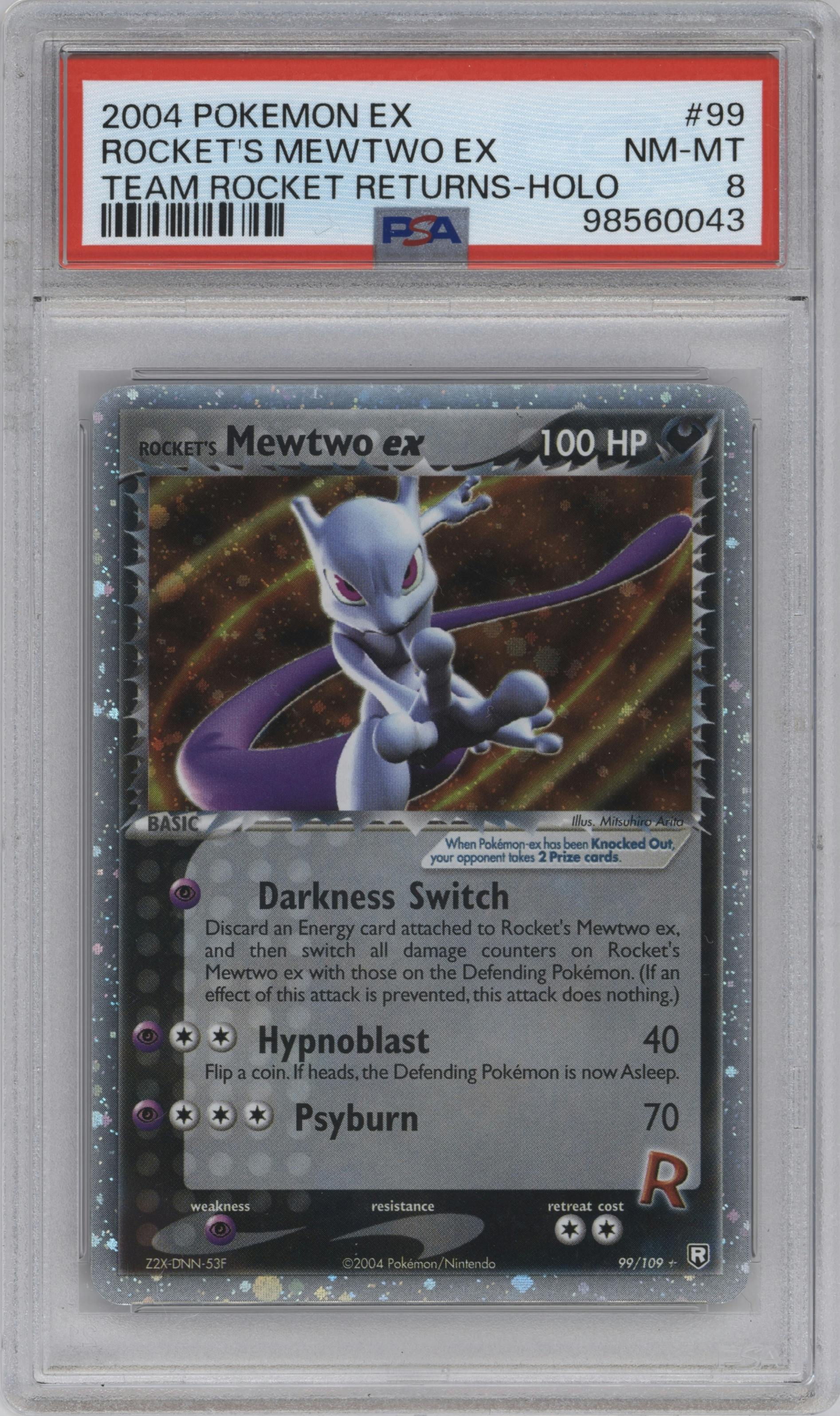 Rocket's Mewtwo ex from the 2004 Pokemon EX set graded by PSA and given an overall grade of 8.
