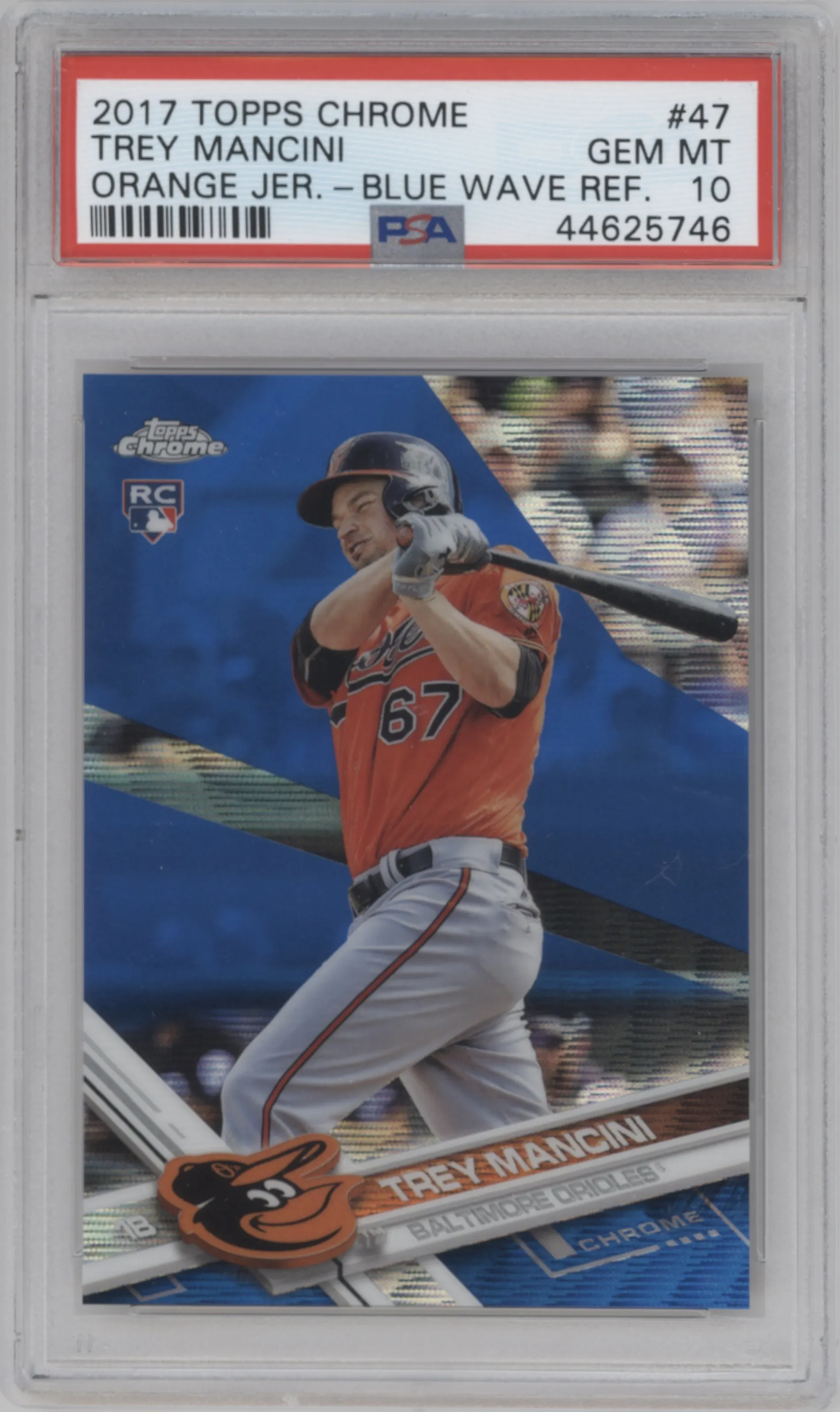 2017 Topps Chrome Trey Mancini Blue Wave Refractor PSA 10