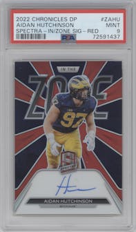 Aidan Hutchinson from the 2022 Panini Chronicles Draft Picks set featuring a Red parallel graded by PSA and given an overall grade of 9.