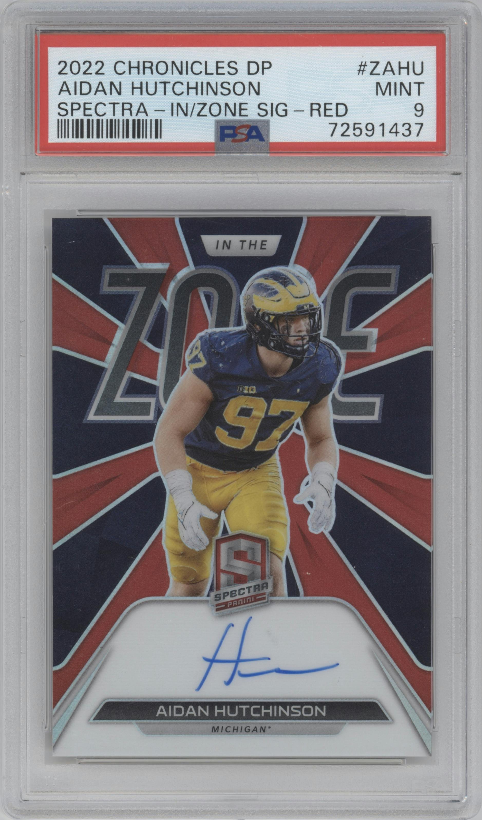 Aidan Hutchinson from the 2022 Panini Chronicles Draft Picks set featuring a Red parallel graded by PSA and given an overall grade of 9.