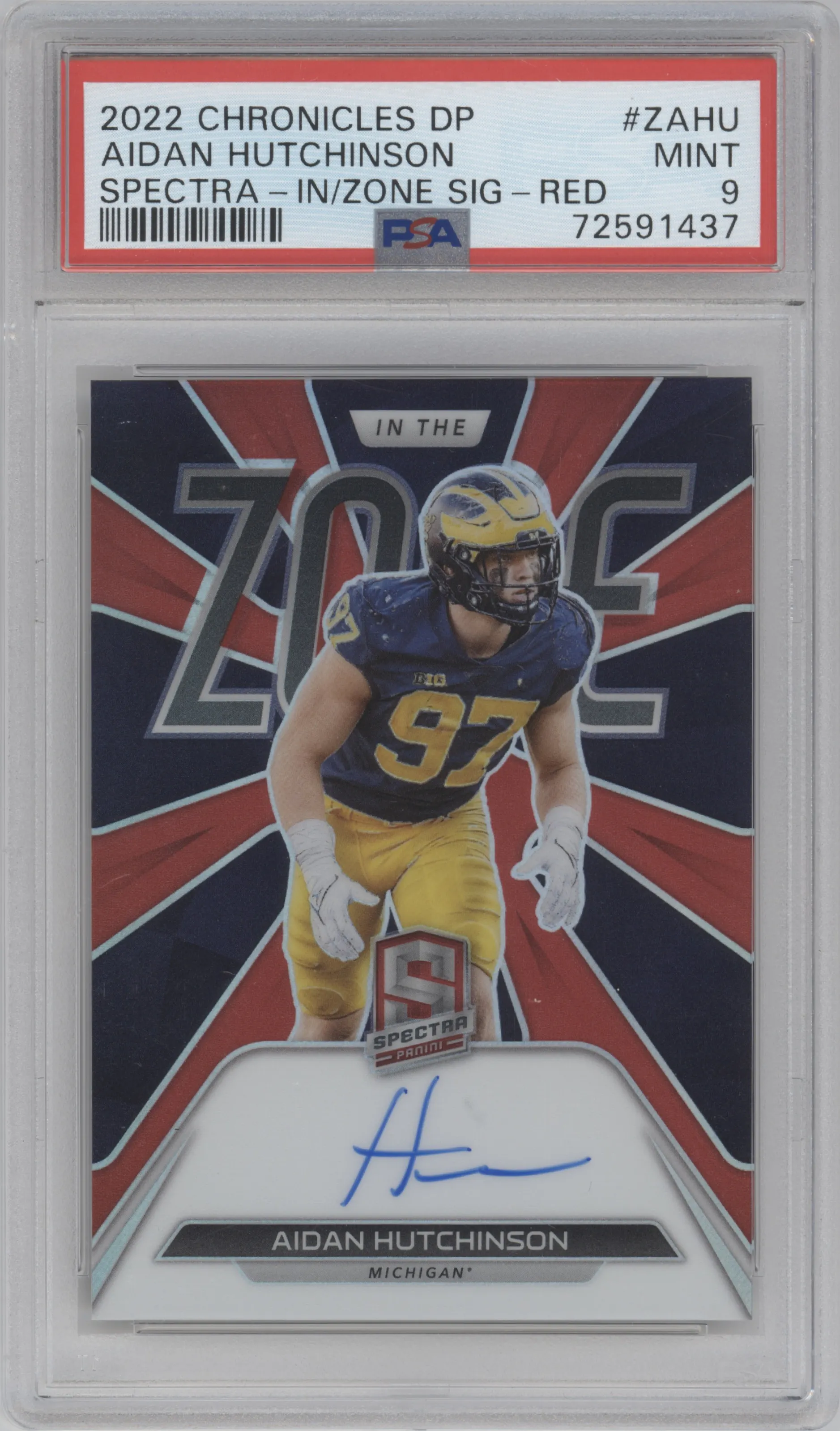 2022 Panini Chronicles Draft Picks Spctr. In The Zone Sig. Aidan Hutchinson Red PSA 9