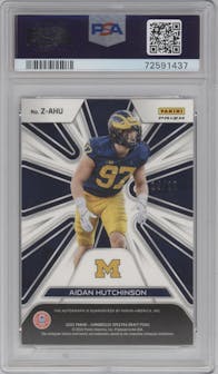 Aidan Hutchinson from the 2022 Panini Chronicles Draft Picks set featuring a Red parallel graded by PSA and given an overall grade of 9.