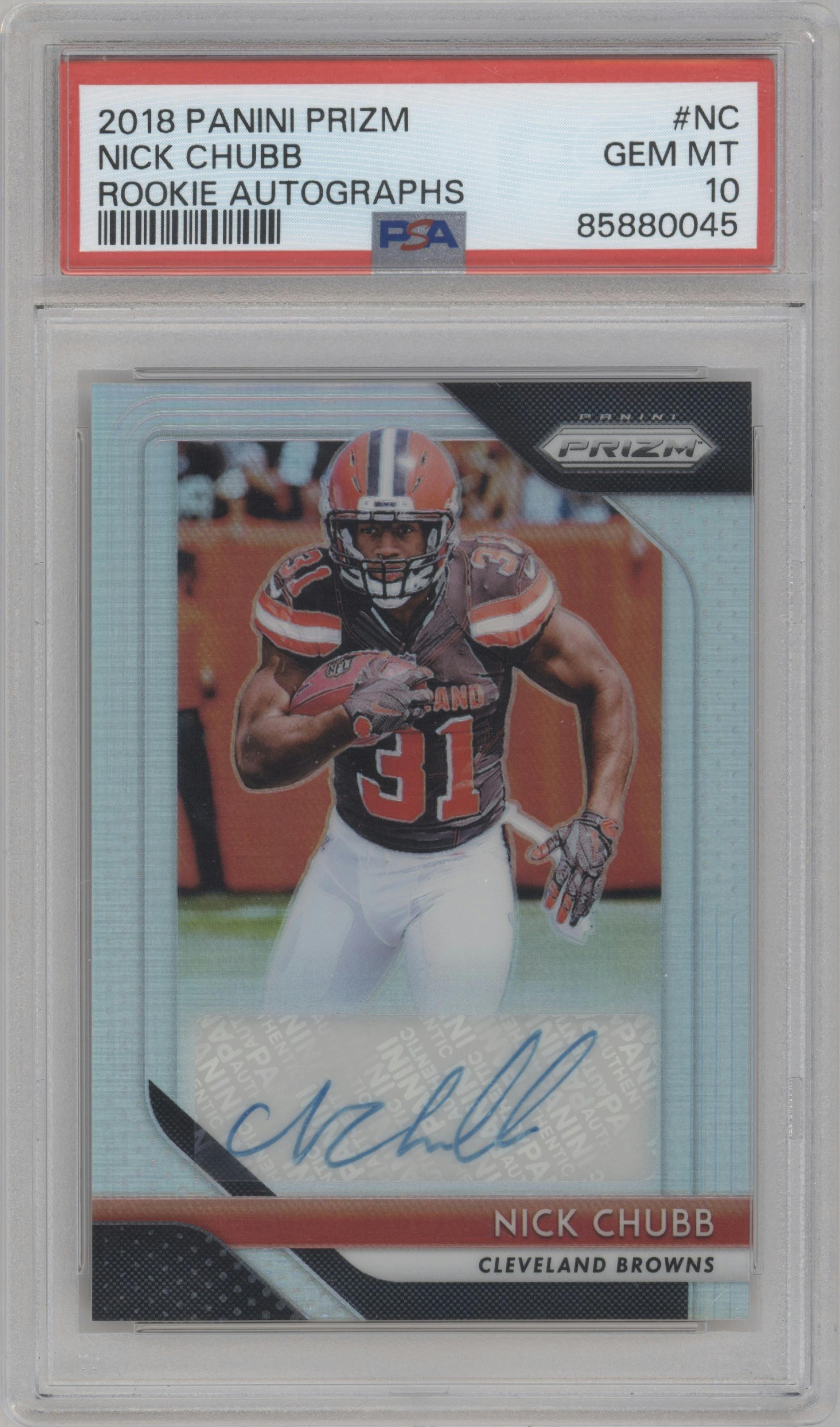 Nick Chubb from the 2018 Panini Prizm set graded by PSA and given an overall grade of 10.