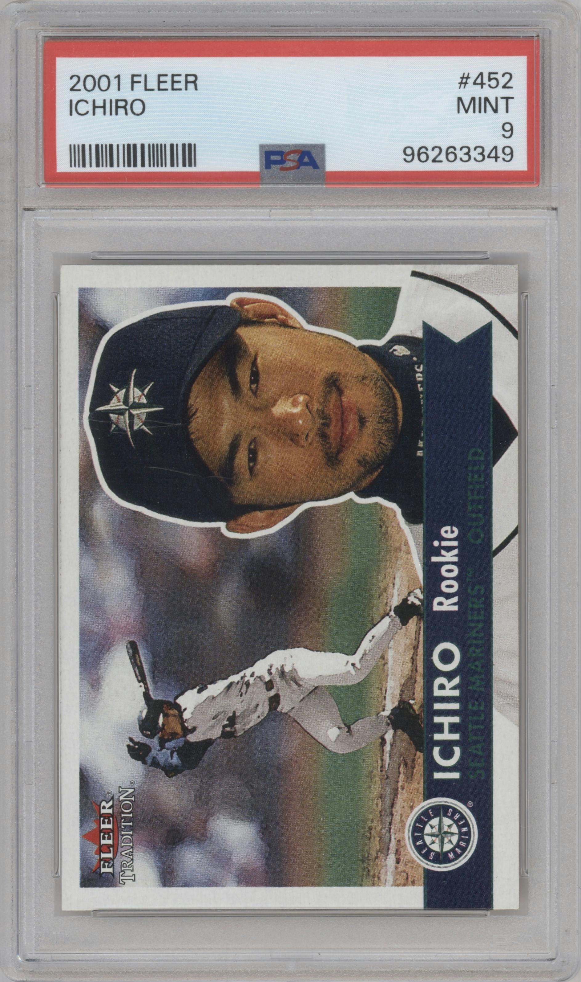 Ichiro from the 2001 Fleer Tradition set graded by PSA and given an overall grade of 9.
