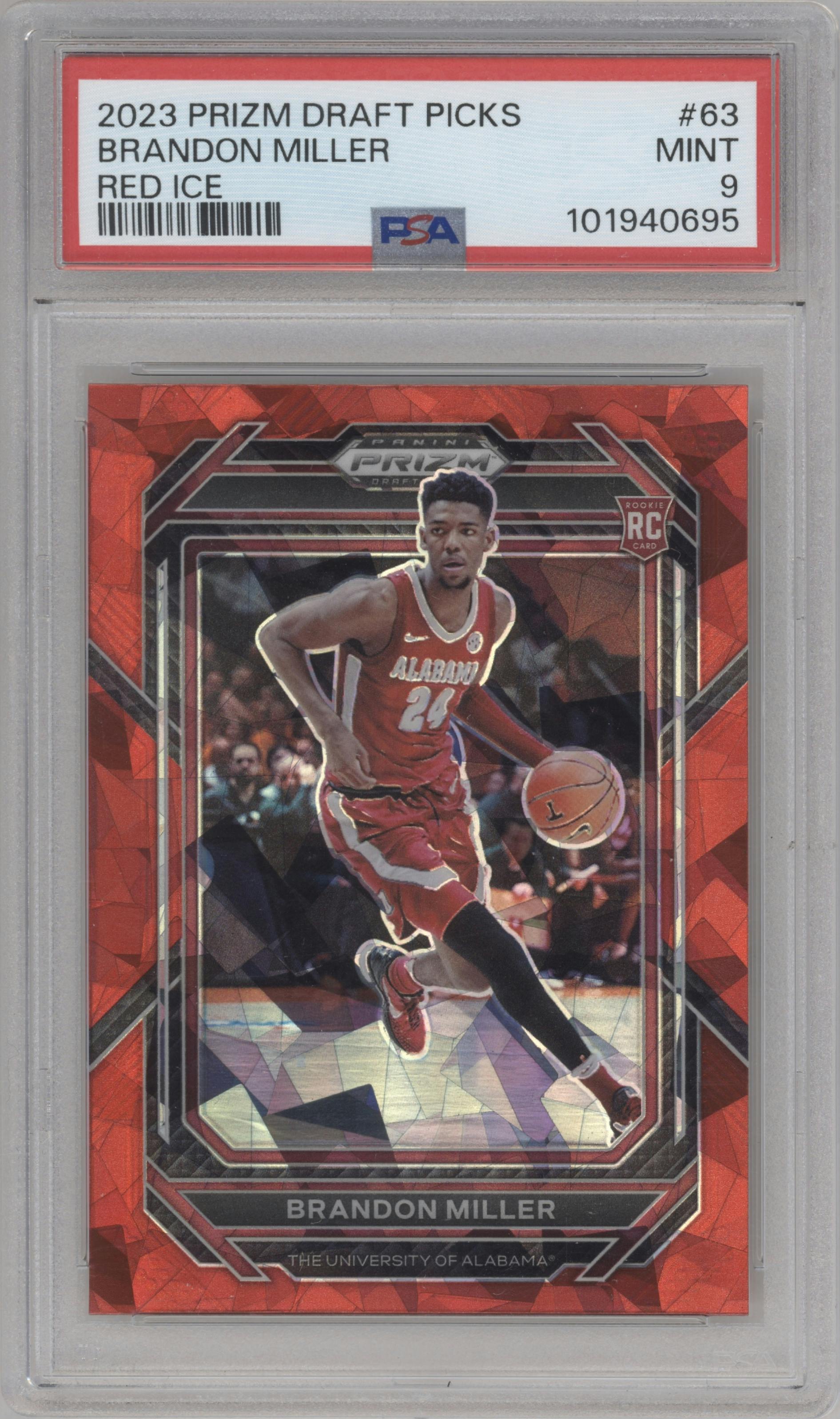 Brandon Miller from the 2023-24 Panini Prizm Draft Picks set featuring a Red Ice parallel graded by PSA and given an overall grade of 9.