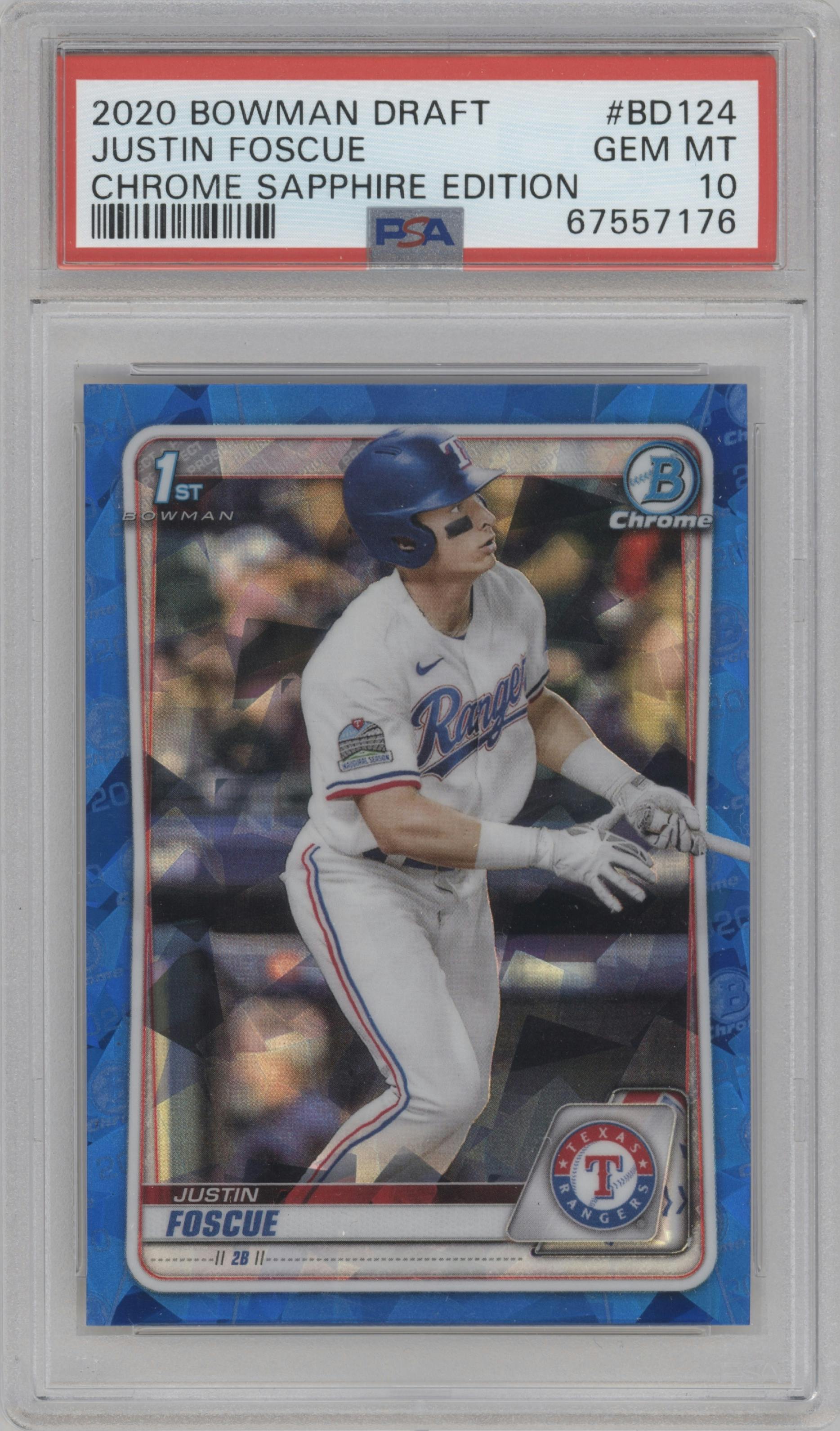 Justin Foscue from the 2020 Bowman Draft Sapphire set graded by PSA and given an overall grade of 10.