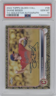 Shane Bieber from the 2022 Topps Gilded Collection set graded by PSA and given an overall grade of 10.