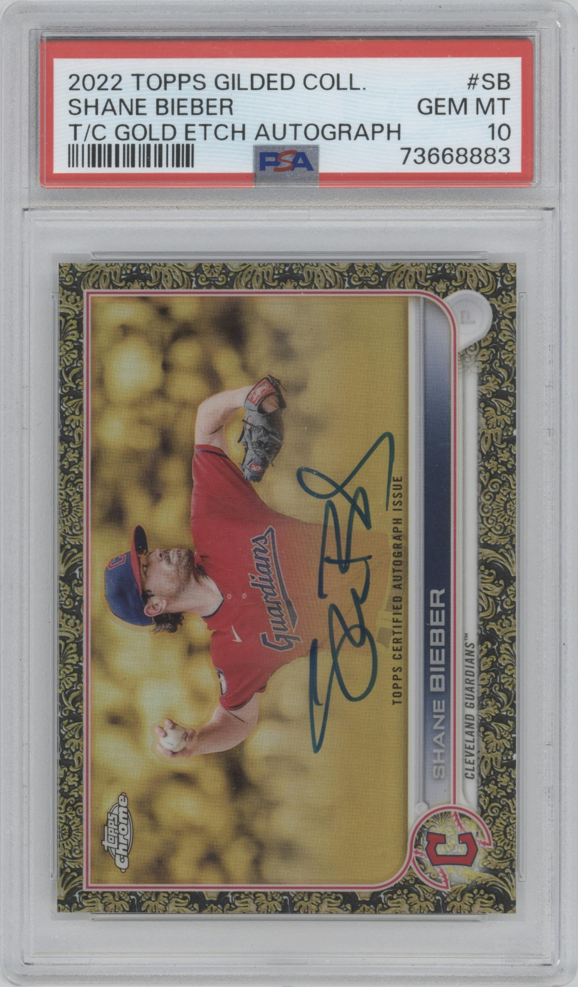 Shane Bieber from the 2022 Topps Gilded Collection set graded by PSA and given an overall grade of 10.