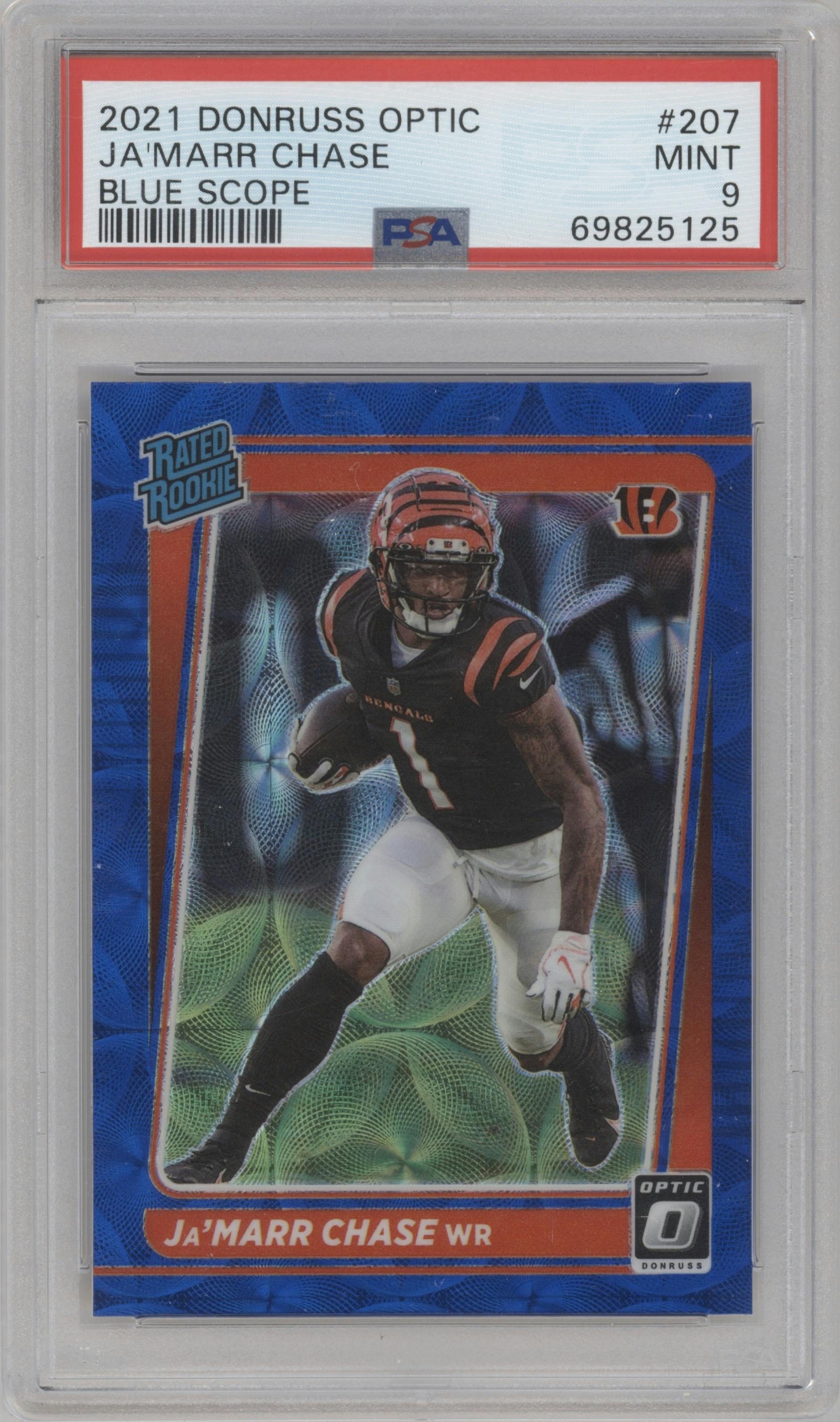 Ja'Marr Chase from the 2021 Panini Donruss Optic set featuring a Blue Scope parallel graded by PSA and given an overall grade of 9.