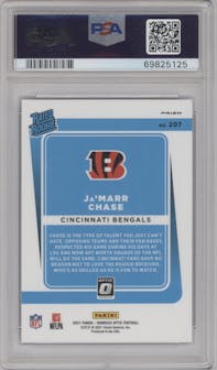 Ja'Marr Chase from the 2021 Panini Donruss Optic set featuring a Blue Scope parallel graded by PSA and given an overall grade of 9.