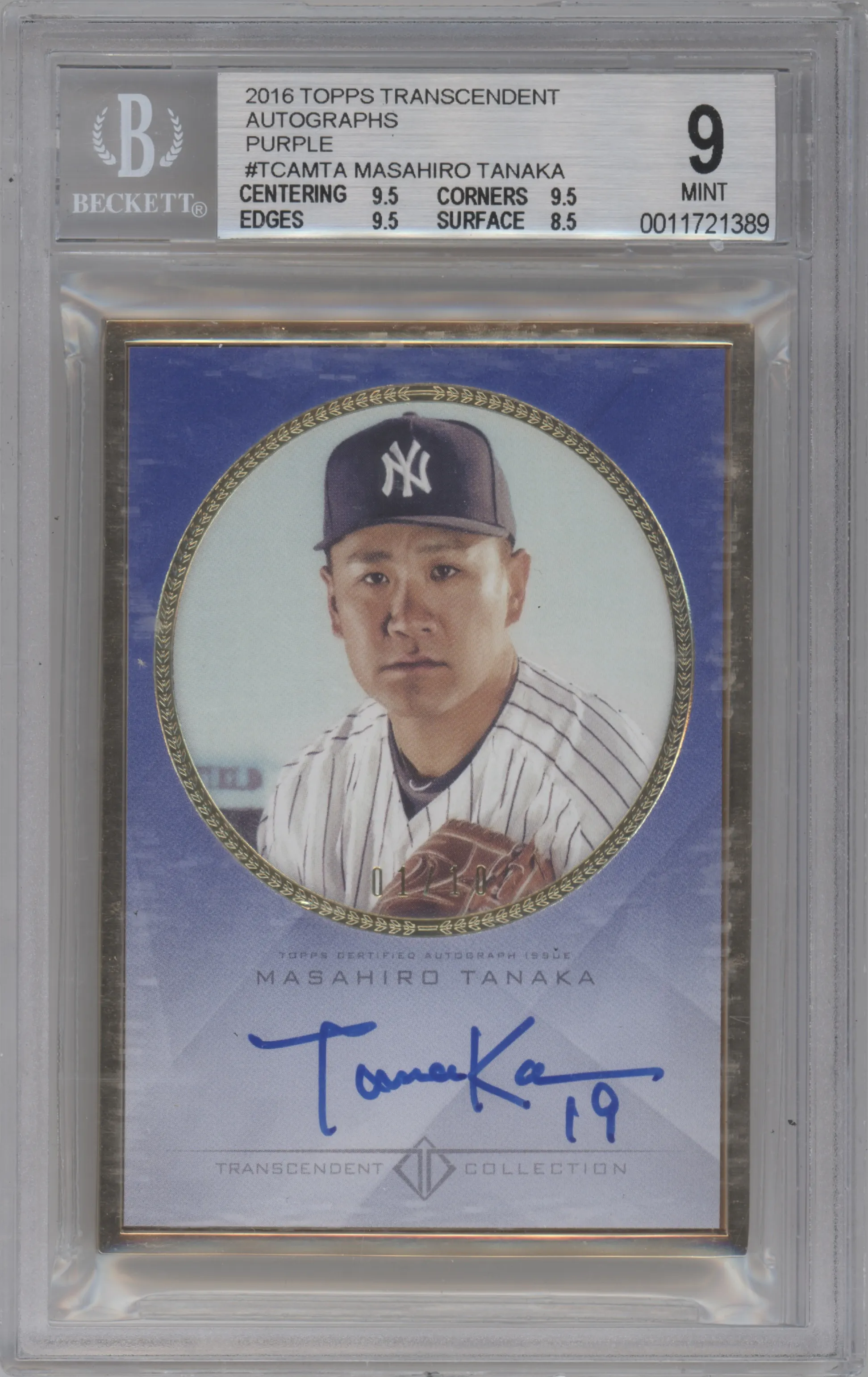 Masahiro Tanaka from the 2016 Topps Transcendent Collection set featuring a Purple parallel graded by Beckett and given an overall grade of 9.
